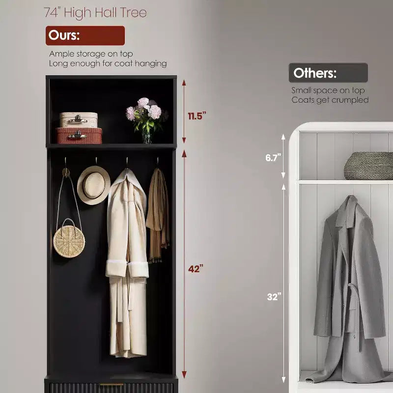 Panca da Ingresso 4 in 1 con Scarpiera e Attaccapanni, Organizzatore Hall Tree da 74'' con 4 Ganci Dorati, Armadietto e Design Rustico per Piccoli Spazi