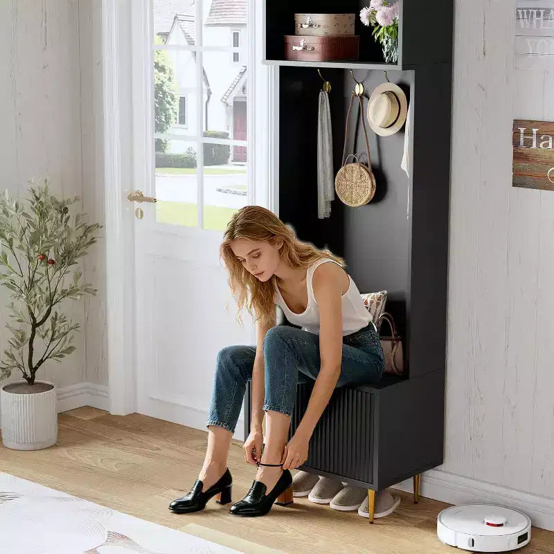 Panca da Ingresso 4 in 1 con Scarpiera e Attaccapanni, Organizzatore Hall Tree da 74'' con 4 Ganci Dorati, Armadietto e Design Rustico per Piccoli Spazi