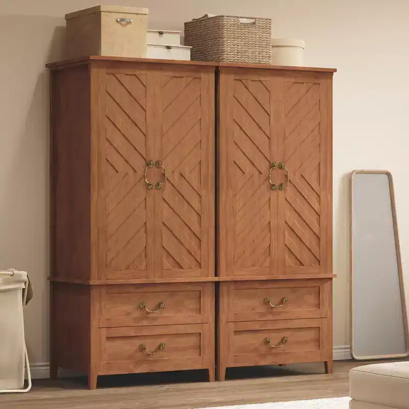 Guardaroba Armadio a V con 2 Ante e 2 Cassetti, Armadio alto in legno rustico da camera da letto da 180,5 cm con appendiabiti, Grande capacità