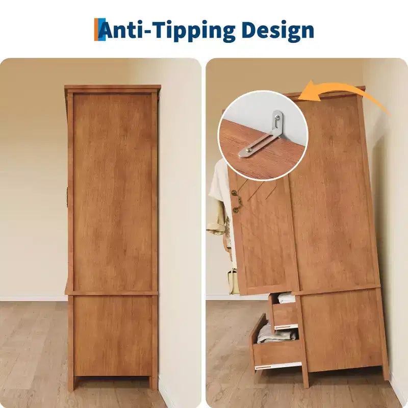 Guardaroba Armadio a V con 2 Ante e 2 Cassetti, Armadio alto in legno rustico da camera da letto da 180,5 cm con appendiabiti, Grande capacità