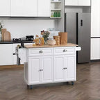 Okak Kitchen Island On Wheels with Rubberwood Top, Kitchen Cart with Drop Leaf and Storage Drawers, Kitchen Island for Dining Room, White