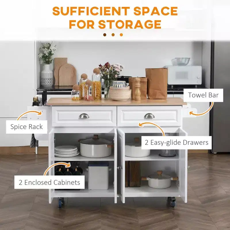 Okak Isola Cucina su Ruote con Piano in Legno di Gomma, Carrello da Cucina con Anta a Ribalta e Cassetti, Isola Cucina per Sala da Pranzo, Bianco