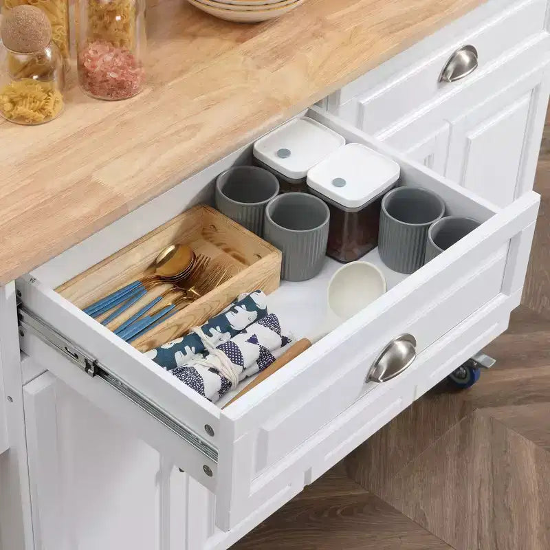 Okak Isola Cucina su Ruote con Piano in Legno di Gomma, Carrello da Cucina con Anta a Ribalta e Cassetti, Isola Cucina per Sala da Pranzo, Bianco