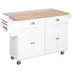 Okak Isola Cucina su Ruote con Piano in Legno di Gomma, Carrello da Cucina con Anta a Ribalta e Cassetti, Isola Cucina per Sala da Pranzo, Bianco