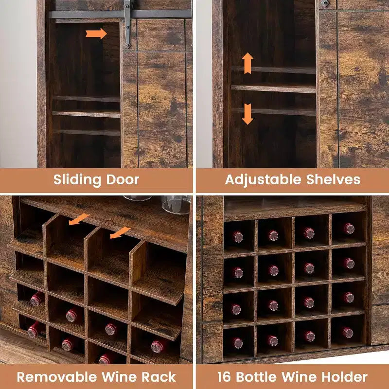Mobile bar in legno 47 con anta scorrevole, moderno mobile per liquori, whisky e caffè con portabottiglie e portacalici