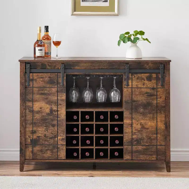 Mobile bar in legno 47 con anta scorrevole, moderno mobile per liquori, whisky e caffè con portabottiglie e portacalici