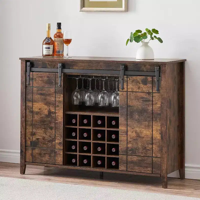 Mobile bar in legno 47 con anta scorrevole, moderno mobile per liquori, whisky e caffè con portabottiglie e portacalici