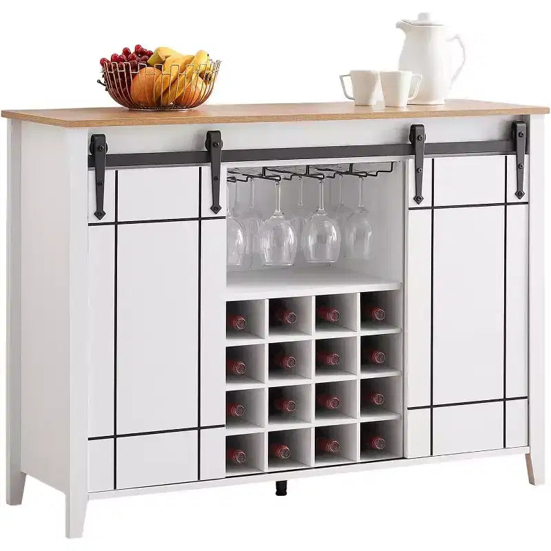 Mobile bar in legno 47 con anta scorrevole, moderno mobile per liquori, whisky e caffè con portabottiglie e portacalici