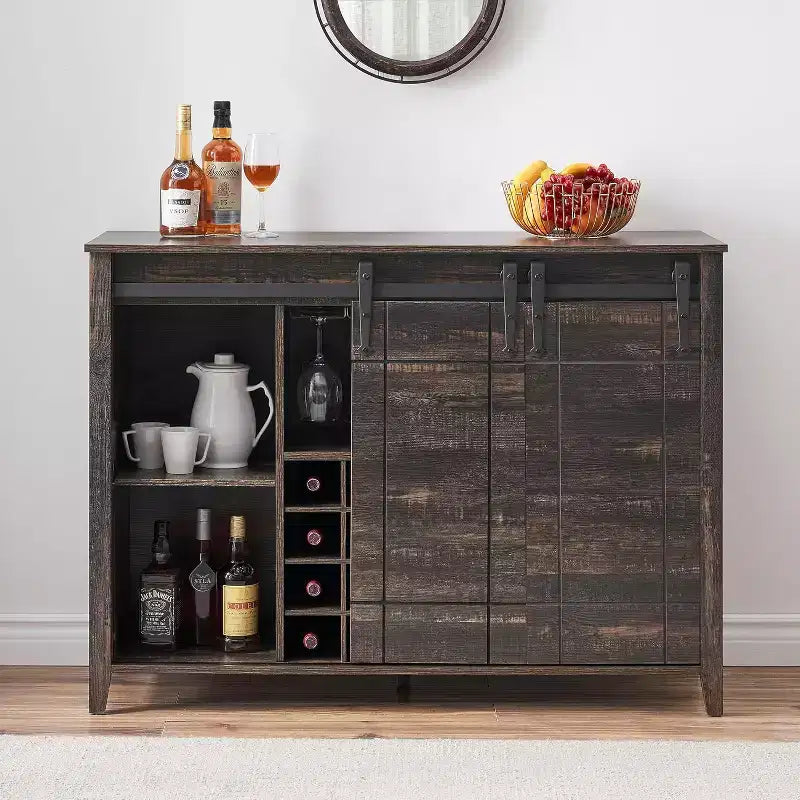 Mobile bar in legno 47 con anta scorrevole, moderno mobile per liquori, whisky e caffè con portabottiglie e portacalici