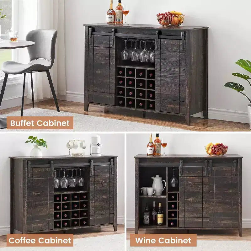 Mobile bar in legno 47 con anta scorrevole, moderno mobile per liquori, whisky e caffè con portabottiglie e portacalici