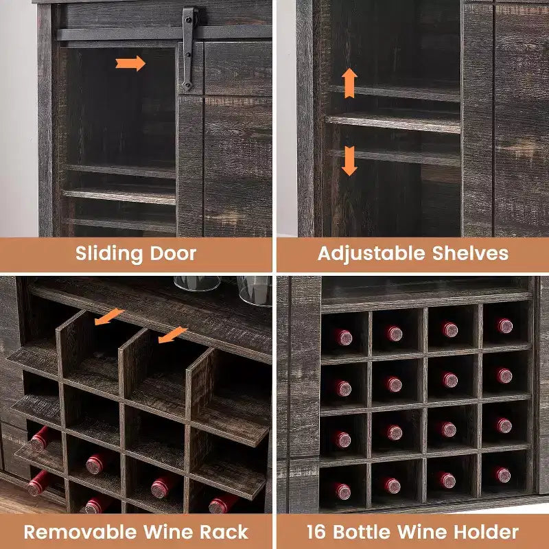 Mobile bar in legno 47 con anta scorrevole, moderno mobile per liquori, whisky e caffè con portabottiglie e portacalici