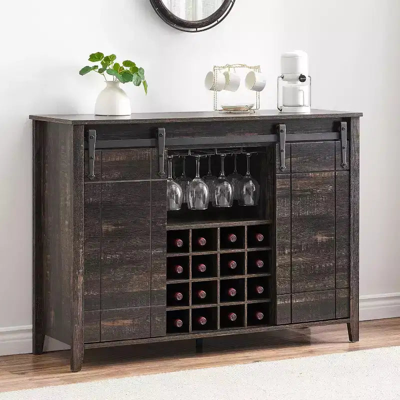 Mobile bar in legno 47 con anta scorrevole, moderno mobile per liquori, whisky e caffè con portabottiglie e portacalici