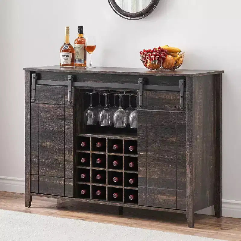 Mobile bar in legno 47 con anta scorrevole, moderno mobile per liquori, whisky e caffè con portabottiglie e portacalici