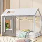Bellemave Twin Size House Platform Bed with Roof and Window, Solid Wood Frame, Modern Playhouse Design, White and Antique Grey, Easy Assembly