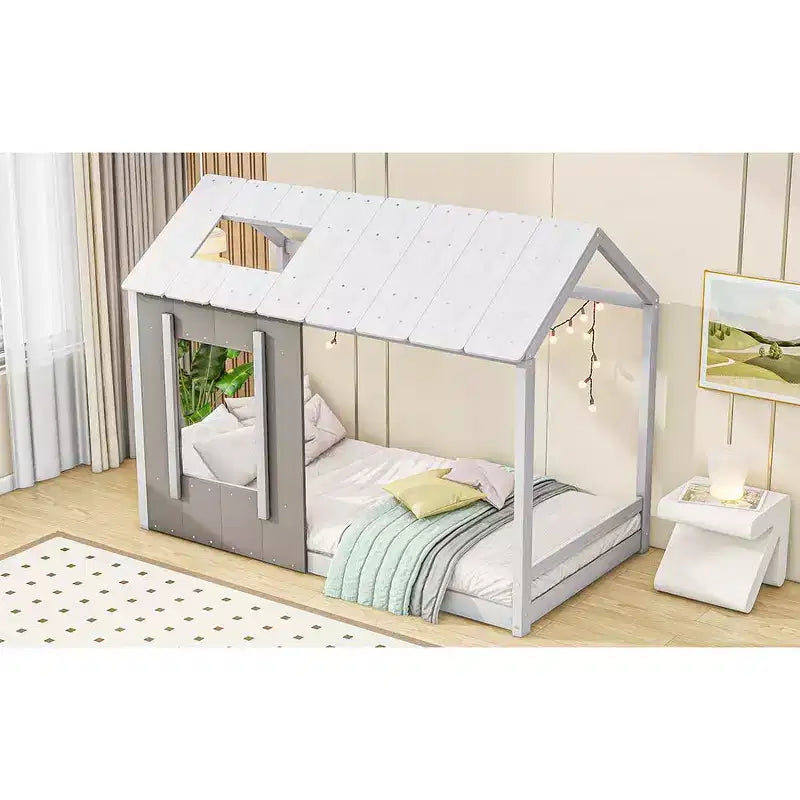 Bellemave Letto a Piattaforma per Bambini a Forma di Casetta con Tetto e Finestra, Struttura in Legno Massiccio, Design Moderno a Casetta, Bianco e Grigio Antico, Facile da Montare