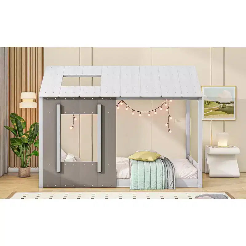 Bellemave Letto a Piattaforma per Bambini a Forma di Casetta con Tetto e Finestra, Struttura in Legno Massiccio, Design Moderno a Casetta, Bianco e Grigio Antico, Facile da Montare