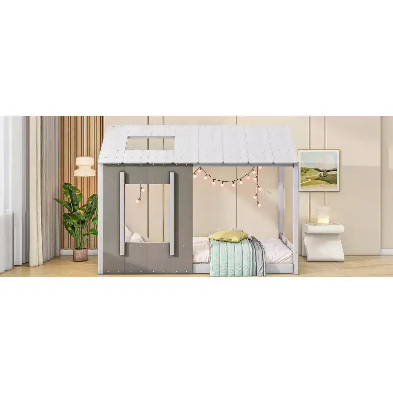 Bellemave Letto a Piattaforma per Bambini a Forma di Casetta con Tetto e Finestra, Struttura in Legno Massiccio, Design Moderno a Casetta, Bianco e Grigio Antico, Facile da Montare
