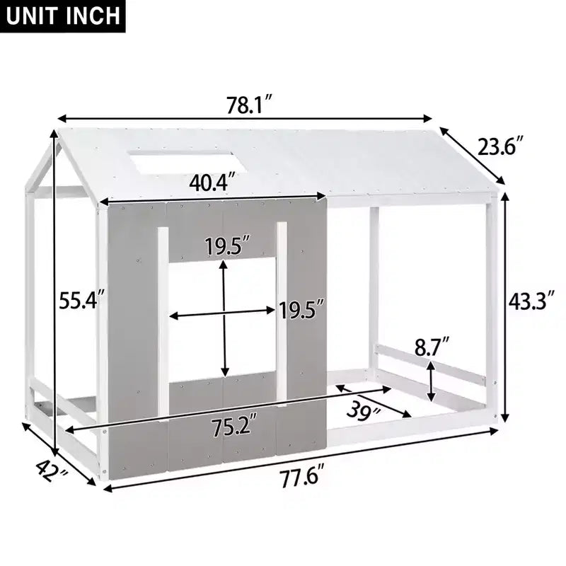 Bellemave Letto a Piattaforma per Bambini a Forma di Casetta con Tetto e Finestra, Struttura in Legno Massiccio, Design Moderno a Casetta, Bianco e Grigio Antico, Facile da Montare