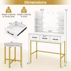 Costway Toilette con Luci a Specchio Prese di Corrente 4 Ripiani Aperti 3 Cassetti