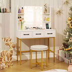 Costway Toilette con Luci a Specchio Prese di Corrente 4 Ripiani Aperti 3 Cassetti