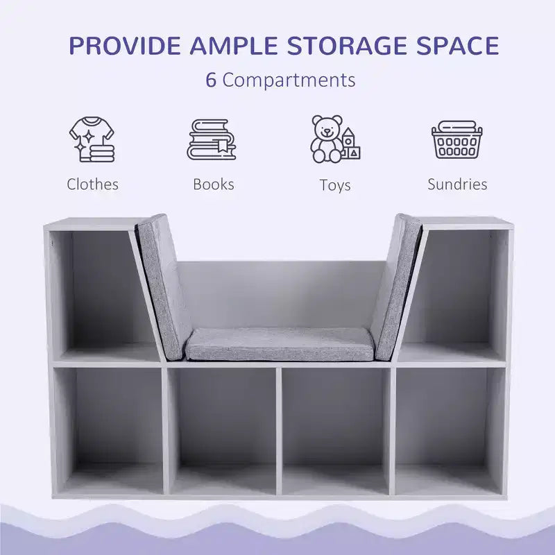 Whisen Libreria per bambini con 6 scomparti, angolo lettura e cuscino, organizer multiuso, regalo per bambini