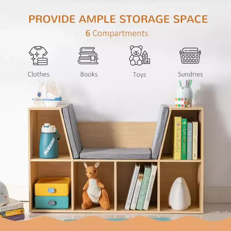 Whisen Libreria per bambini con 6 scomparti, angolo lettura e cuscino, organizer multiuso, regalo per bambini