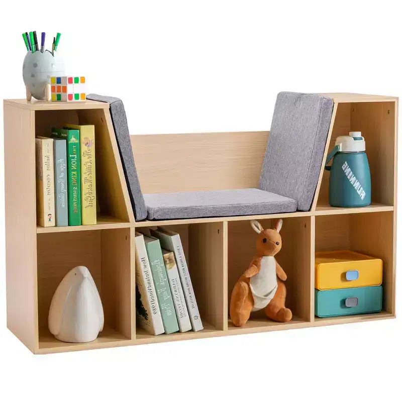 Whisen Libreria per bambini con 6 scomparti, angolo lettura e cuscino, organizer multiuso, regalo per bambini