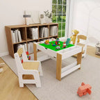 Tavolo da gioco e set di 2 sedie 2 in 1 Whisen Kids, con 7 scomparti portaoggetti, compatibile con i mattoncini LEGO – Bianco e verde