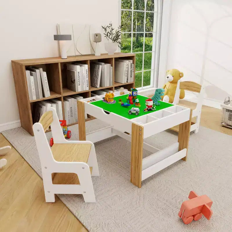Tavolo da gioco e set di 2 sedie 2 in 1 Whisen Kids, con 7 scomparti portaoggetti, compatibile con i mattoncini LEGO – Bianco e verde