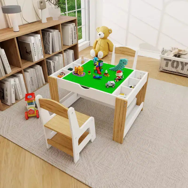 Tavolo da gioco e set di 2 sedie 2 in 1 Whisen Kids, con 7 scomparti portaoggetti, compatibile con i mattoncini LEGO – Bianco e verde