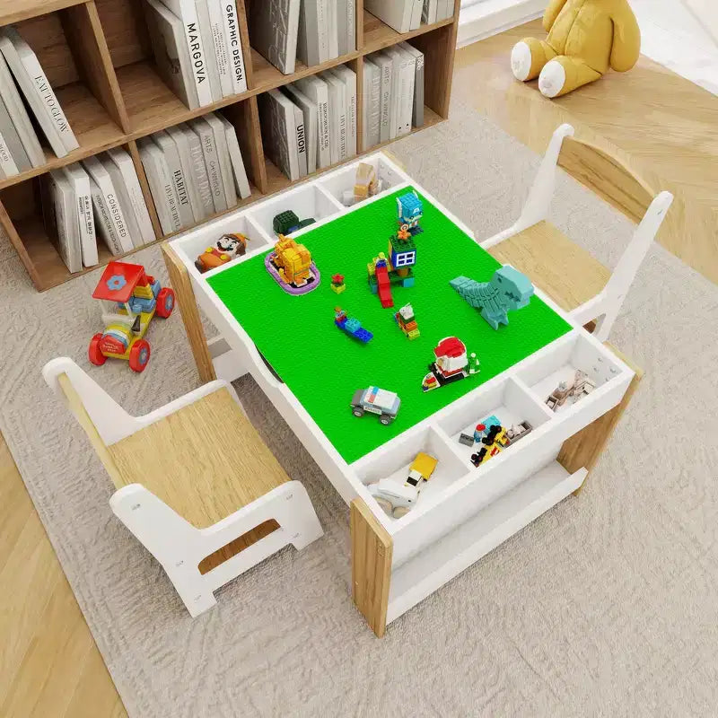 Tavolo da gioco e set di 2 sedie 2 in 1 Whisen Kids, con 7 scomparti portaoggetti, compatibile con i mattoncini LEGO – Bianco e verde