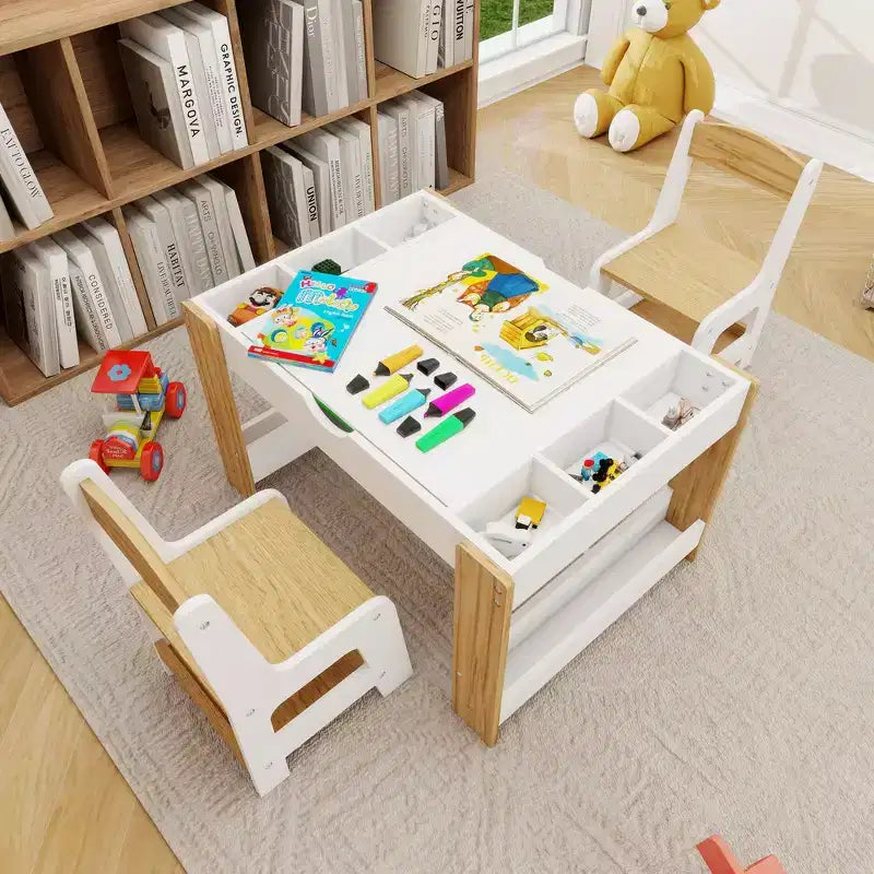 Tavolo da gioco e set di 2 sedie 2 in 1 Whisen Kids, con 7 scomparti portaoggetti, compatibile con i mattoncini LEGO – Bianco e verde