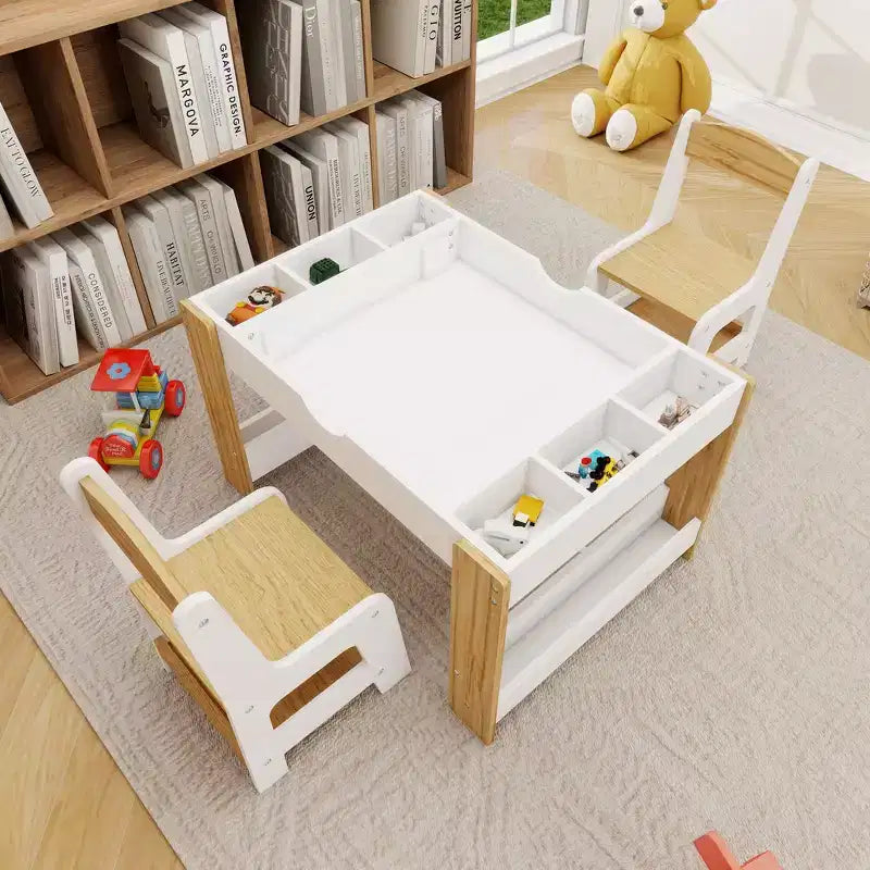 Tavolo da gioco e set di 2 sedie 2 in 1 Whisen Kids, con 7 scomparti portaoggetti, compatibile con i mattoncini LEGO – Bianco e verde
