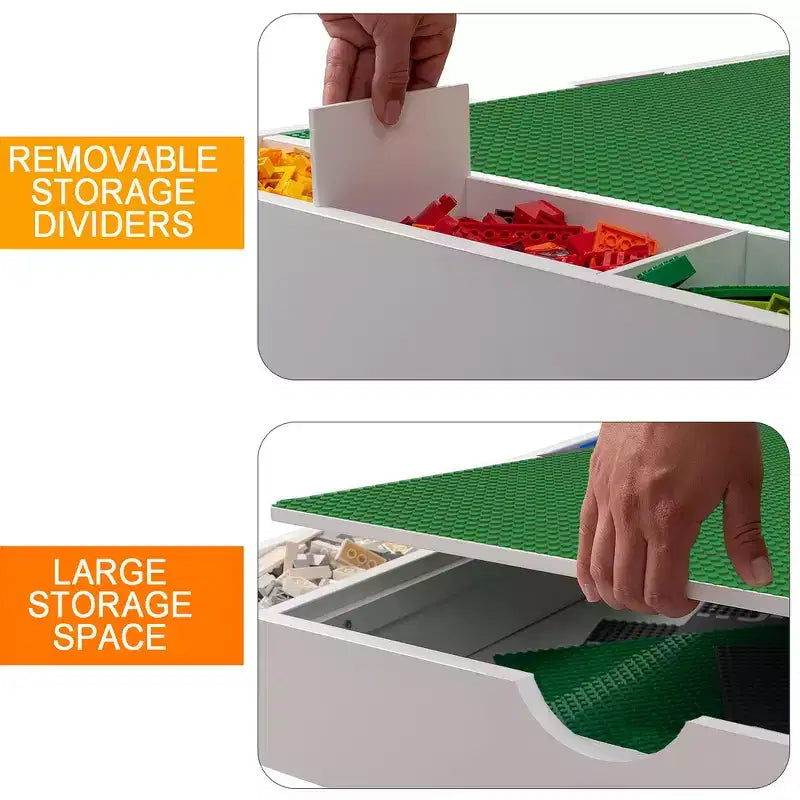 Tavolo da gioco e set di 2 sedie 2 in 1 Whisen Kids, con 7 scomparti portaoggetti, compatibile con i mattoncini LEGO – Bianco e verde