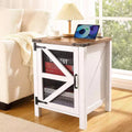 Farmhouse End Table with Charging Station, 18'' Rustic Nightstand with Barn Door and Adjustable Storage Shelf, Wooden Sofa Side Table with Storage