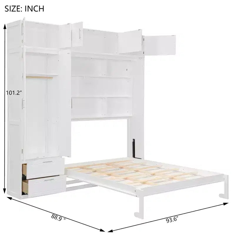 Letto a parete a scomparsa Queen Murphy con armadio, letto a scomparsa Queen Size con armadio contenitore e ripiani per camera degli ospiti