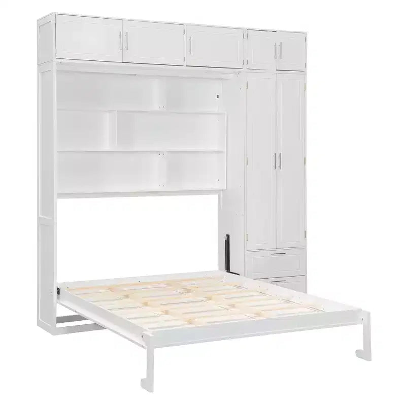 Letto a parete a scomparsa Queen Murphy con armadio, letto a scomparsa Queen Size con armadio contenitore e ripiani per camera degli ospiti