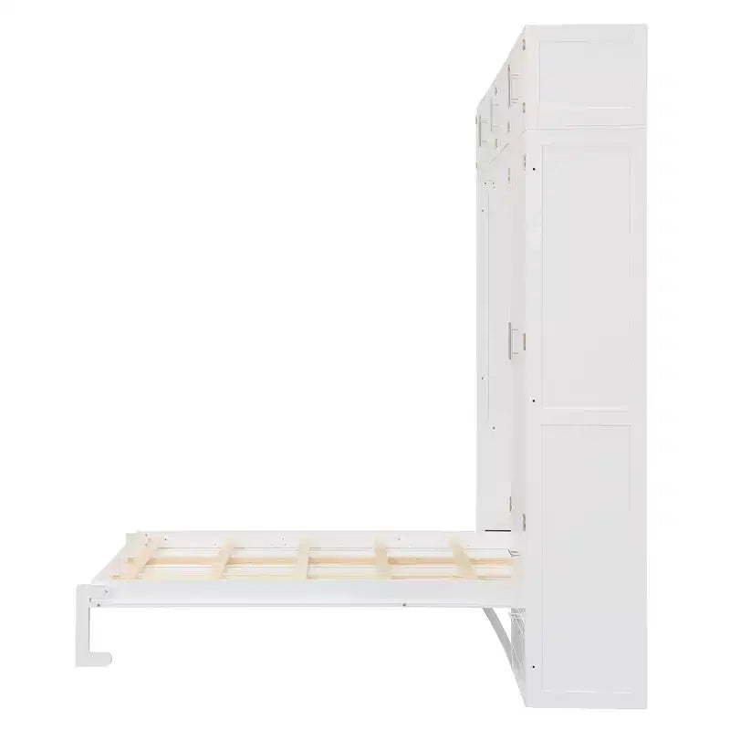 Letto a parete a scomparsa Queen Murphy con armadio, letto a scomparsa Queen Size con armadio contenitore e ripiani per camera degli ospiti