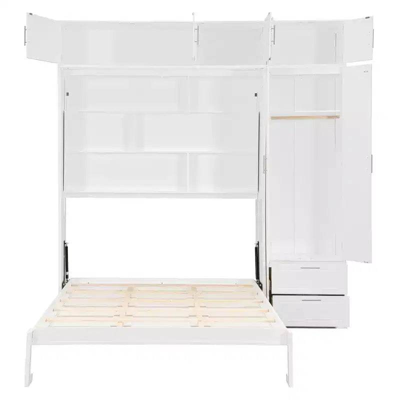 Letto a parete a scomparsa Queen Murphy con armadio, letto a scomparsa Queen Size con armadio contenitore e ripiani per camera degli ospiti