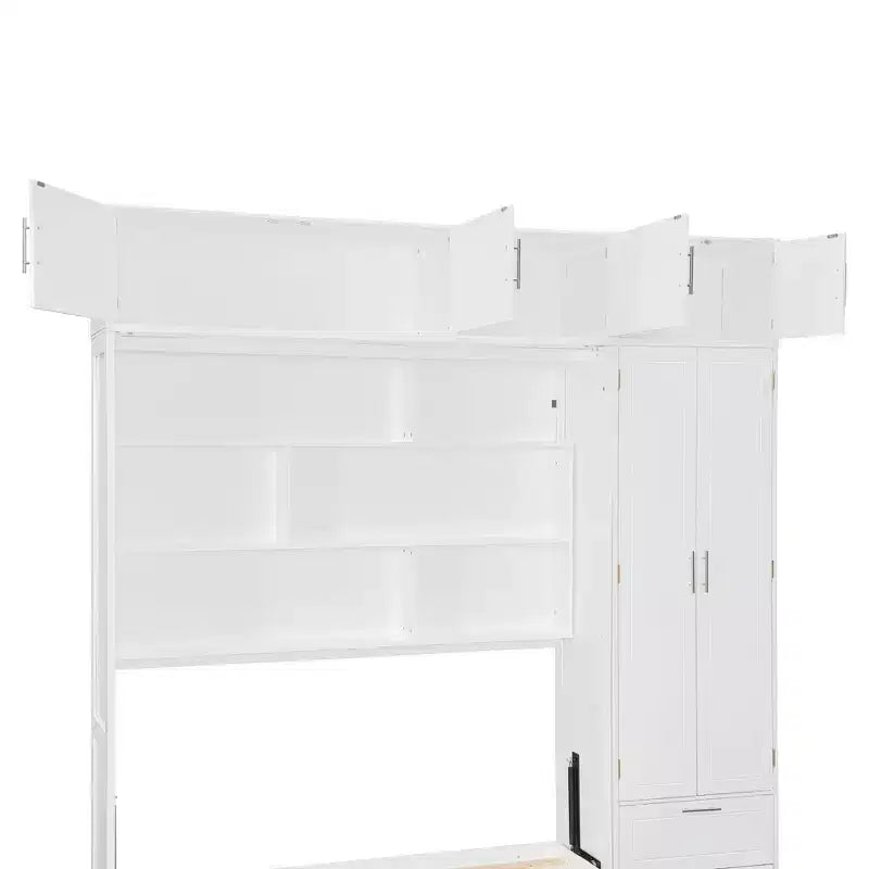 Letto a parete a scomparsa Queen Murphy con armadio, letto a scomparsa Queen Size con armadio contenitore e ripiani per camera degli ospiti