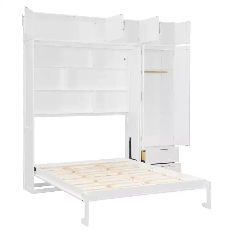 Letto a parete a scomparsa Queen Murphy con armadio, letto a scomparsa Queen Size con armadio contenitore e ripiani per camera degli ospiti