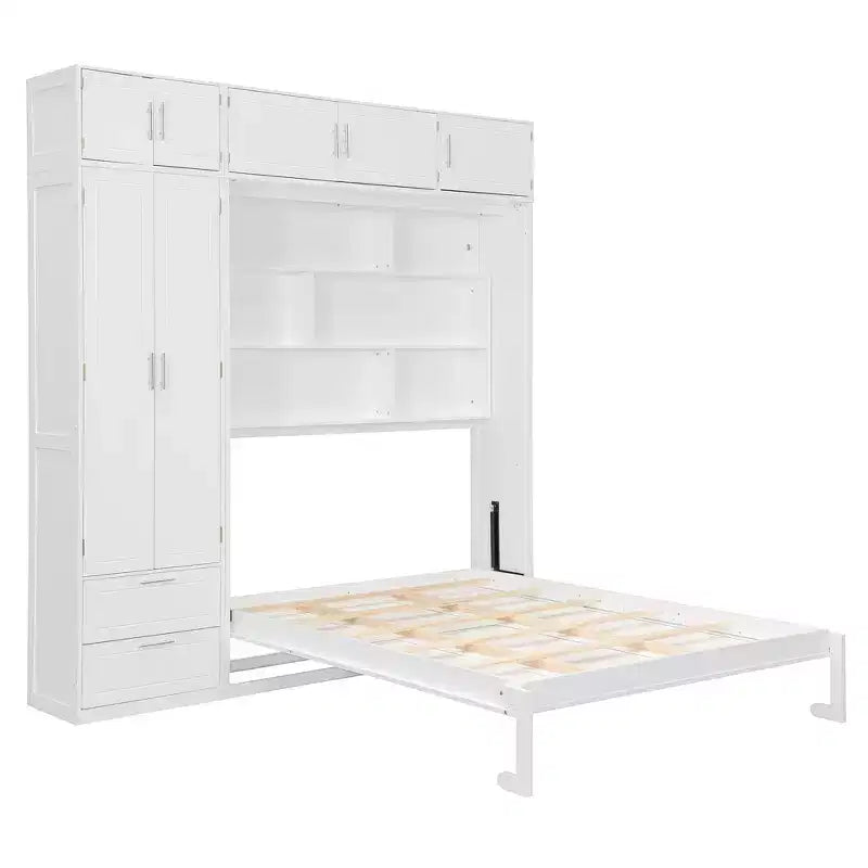 Letto a parete a scomparsa Queen Murphy con armadio, letto a scomparsa Queen Size con armadio contenitore e ripiani per camera degli ospiti