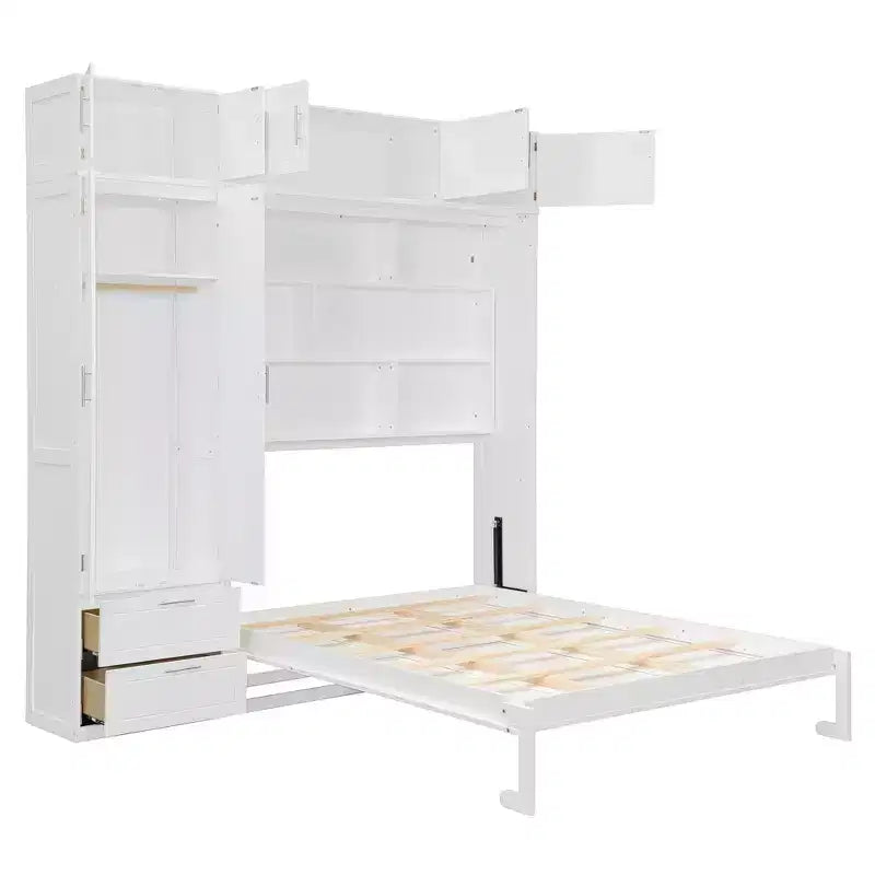 Letto a parete a scomparsa Queen Murphy con armadio, letto a scomparsa Queen Size con armadio contenitore e ripiani per camera degli ospiti