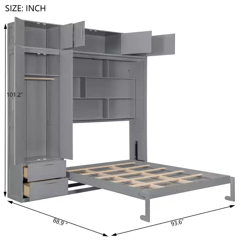 Letto a parete a scomparsa Queen Murphy con armadio, letto a scomparsa Queen Size con armadio contenitore e ripiani per camera degli ospiti