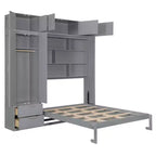 Letto a parete a scomparsa Queen Murphy con armadio, letto a scomparsa Queen Size con armadio contenitore e ripiani per camera degli ospiti