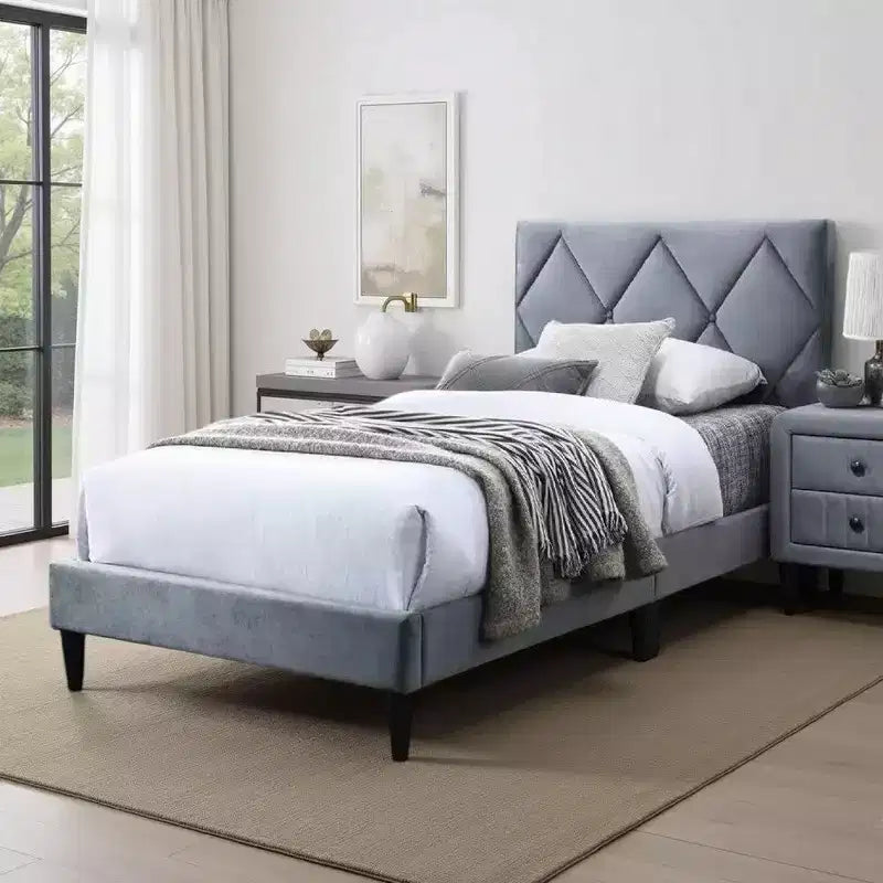Royal Hampton Full Size Bed, Tufted Gray Velvet Upholstery, Diamond Stitch