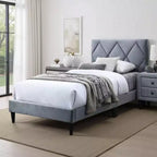Royal Hampton Full Size Bed, Tufted Gray Velvet Upholstery, Diamond Stitch