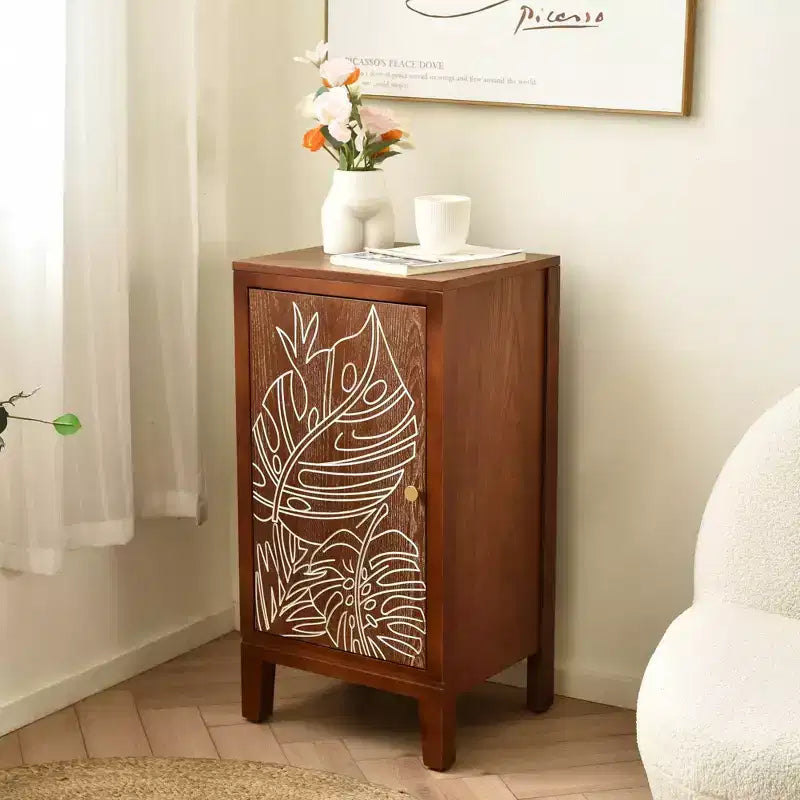 Tavolino d'appoggio eHemco Tropical Monstera con Accento per Porta, Stile Moderno Retrò, 16,5 x 14 x 31 Pollici, Finitura Noce Antico