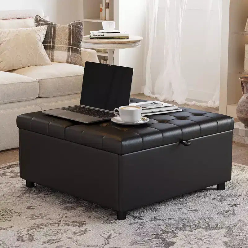 TYBOATLE Pouf quadrato da 35,5 pollici con contenitore, tavolino da caffè grande, pouf grande da 500 libbre con contenitore per soggiorno, nero
