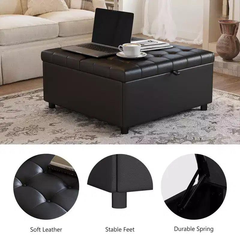 TYBOATLE Pouf quadrato da 35,5 pollici con contenitore, tavolino da caffè grande, pouf grande da 500 libbre con contenitore per soggiorno, nero